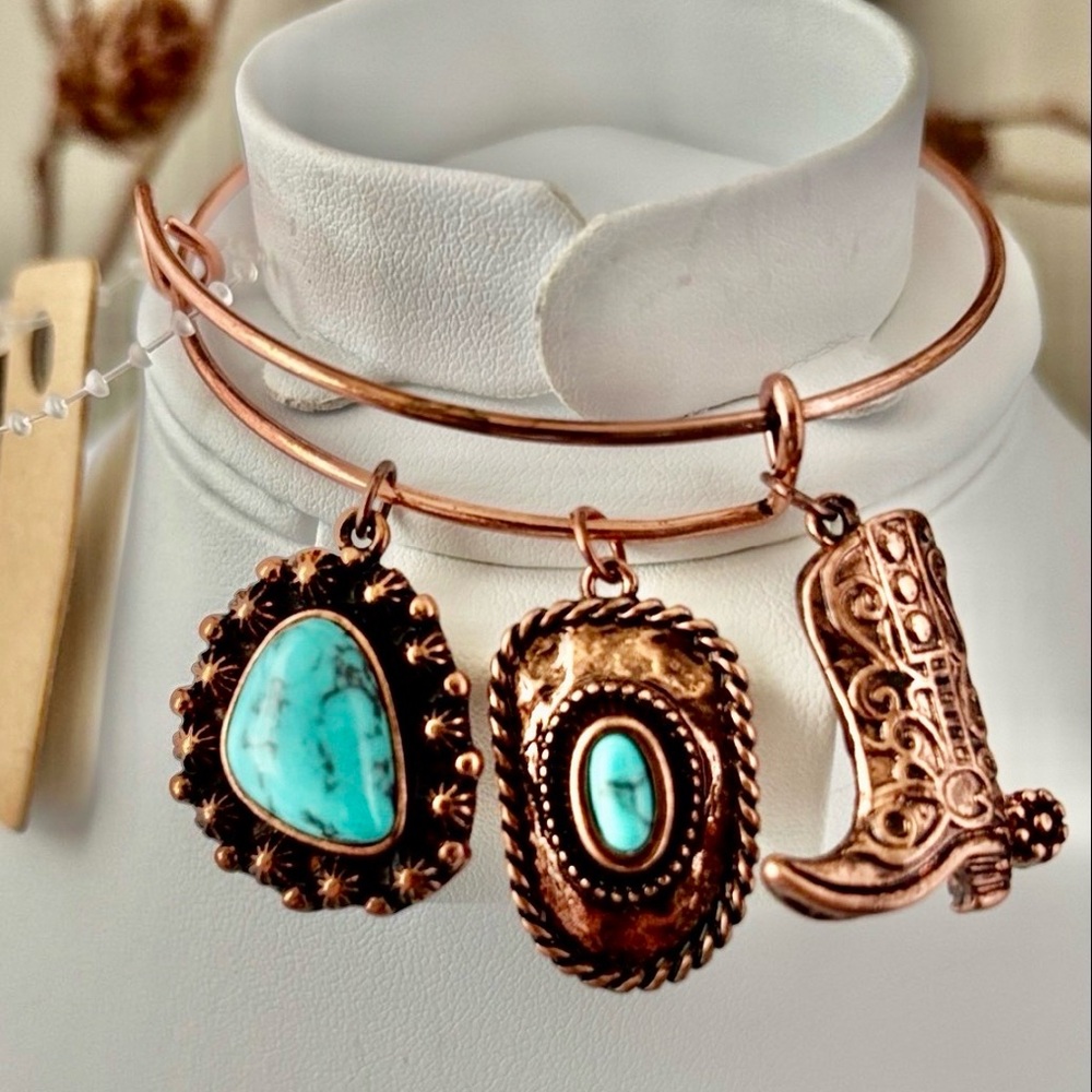 Coppertone Western Turquoise stones,Cowboy hat,boot charms,bangle,everyday trend